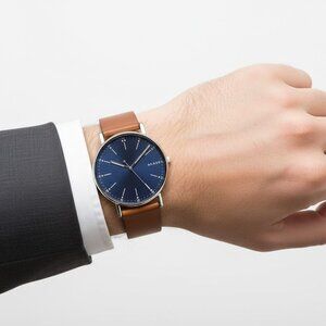 FX06130B NWT Authentic Skagen Signature Blue Dial Brown Leather Men's Watch